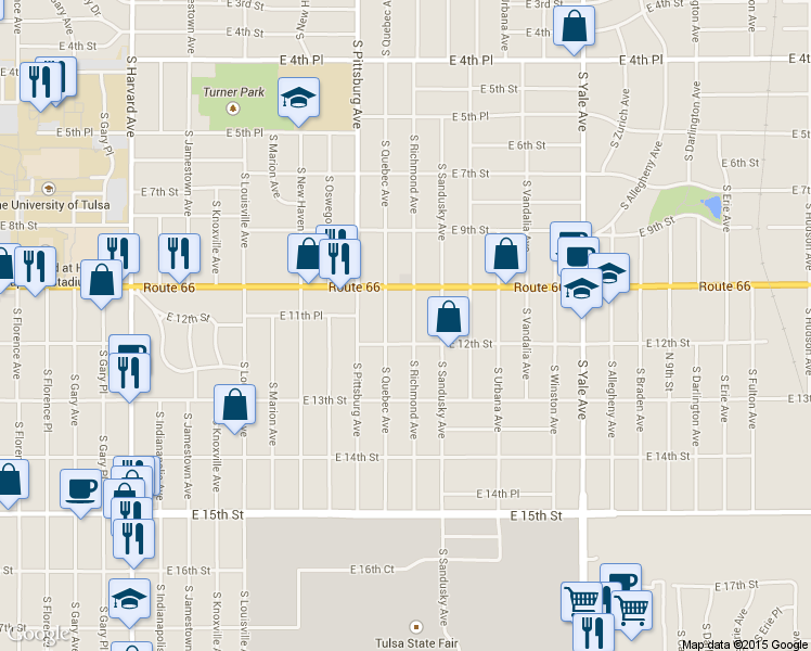 map of restaurants, bars, coffee shops, grocery stores, and more near 1136 South Richmond Avenue in Tulsa
