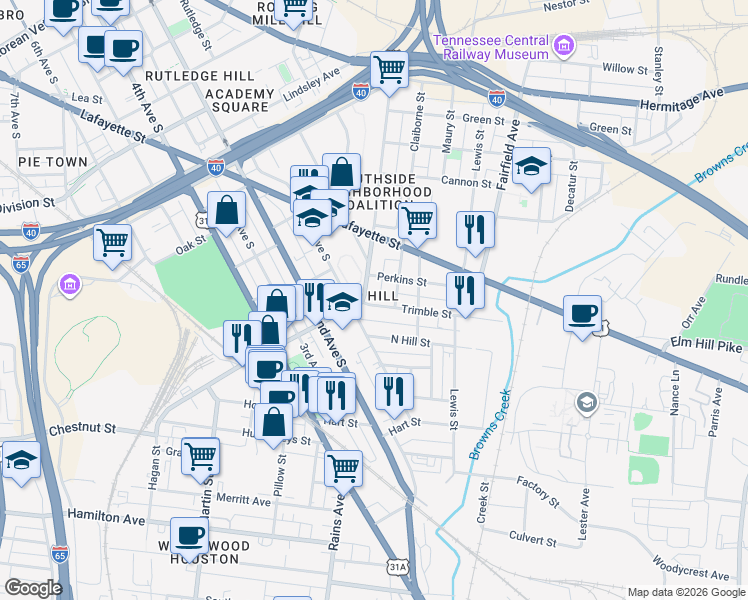 map of restaurants, bars, coffee shops, grocery stores, and more near 29 Wharf Avenue in Nashville