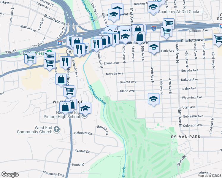 map of restaurants, bars, coffee shops, grocery stores, and more near 217 53rd Avenue North in Nashville