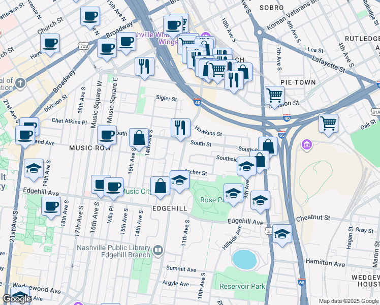 map of restaurants, bars, coffee shops, grocery stores, and more near 1020 Southside Court in Nashville