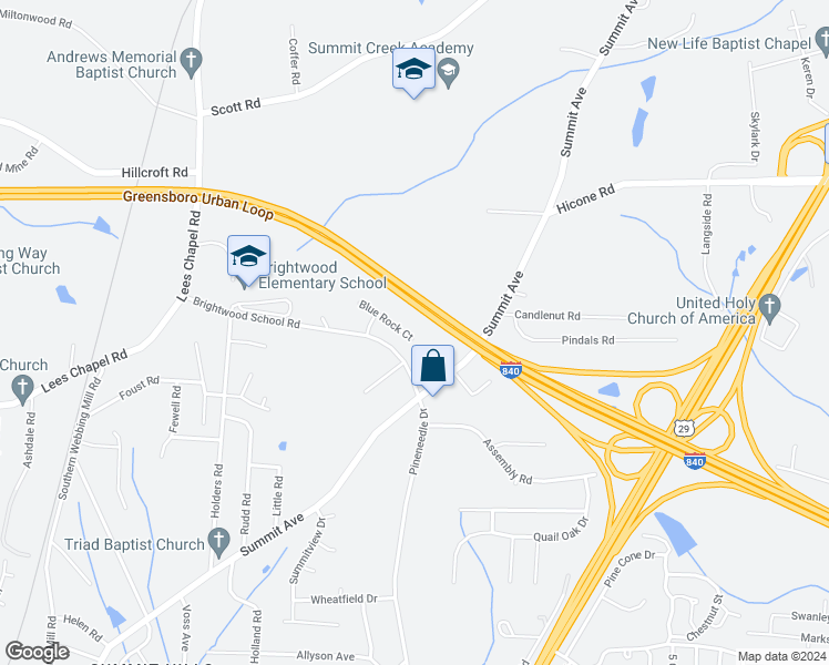 map of restaurants, bars, coffee shops, grocery stores, and more near 2019 Blue Rock Court in Greensboro