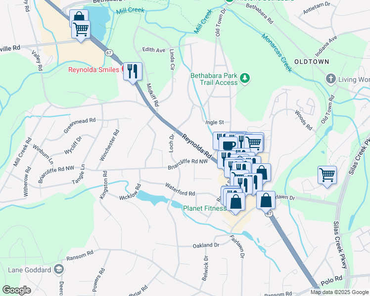 map of restaurants, bars, coffee shops, grocery stores, and more near 2980 Reynolda Road in Winston-Salem