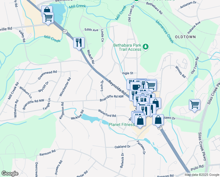 map of restaurants, bars, coffee shops, grocery stores, and more near 2980 Reynolda Road in Winston-Salem