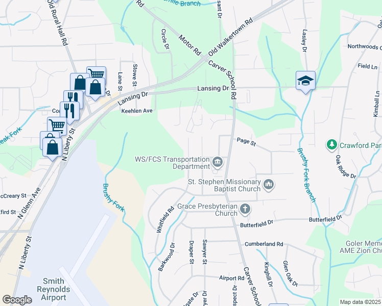 map of restaurants, bars, coffee shops, grocery stores, and more near 4203 Whitfield Road in Winston-Salem