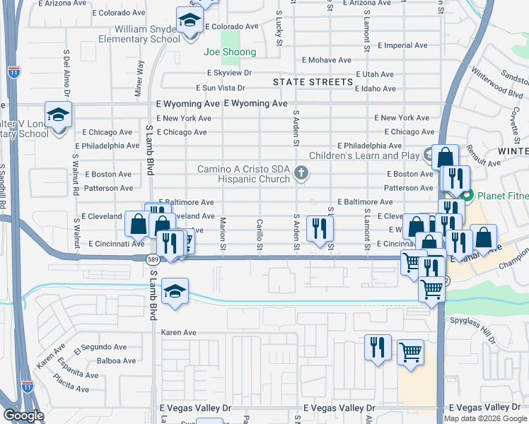 map of restaurants, bars, coffee shops, grocery stores, and more near 4510 East Cleveland Avenue in Las Vegas