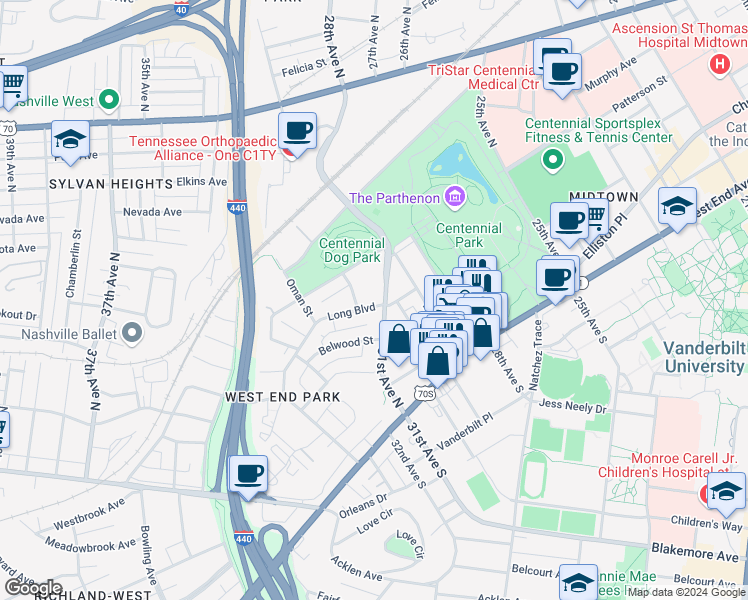 map of restaurants, bars, coffee shops, grocery stores, and more near 3100 Long Boulevard in Nashville
