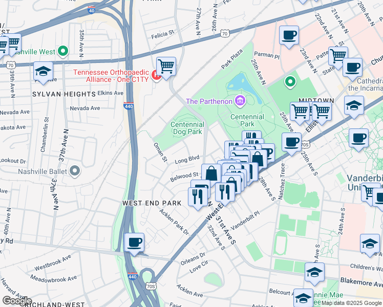 map of restaurants, bars, coffee shops, grocery stores, and more near 3108 Long Boulevard in Nashville