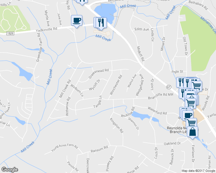 map of restaurants, bars, coffee shops, grocery stores, and more near 4051 Tangle Lane in Winston-Salem