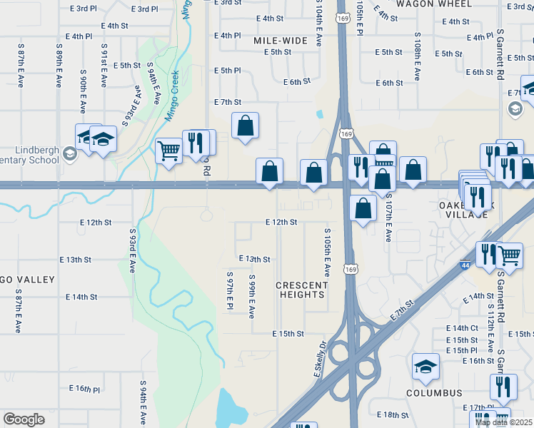 map of restaurants, bars, coffee shops, grocery stores, and more near 1140 South 101st East Avenue in Tulsa