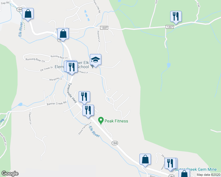 map of restaurants, bars, coffee shops, grocery stores, and more near 136 Red Delicious Lane in Banner Elk