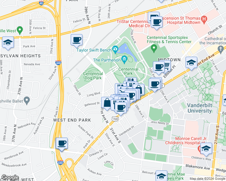 map of restaurants, bars, coffee shops, grocery stores, and more near 211 29th Avenue North in Nashville