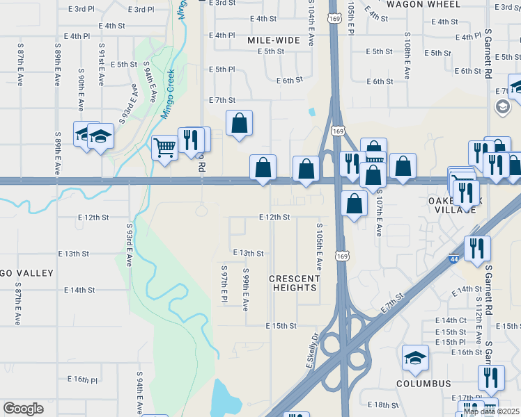 map of restaurants, bars, coffee shops, grocery stores, and more near 1140 South 101st East Avenue in Tulsa