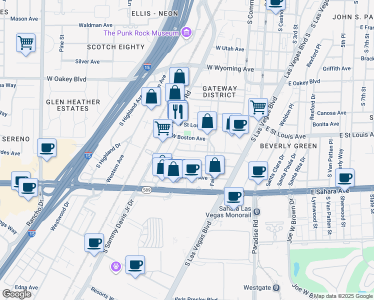 map of restaurants, bars, coffee shops, grocery stores, and more near 316 West Baltimore Avenue in Las Vegas