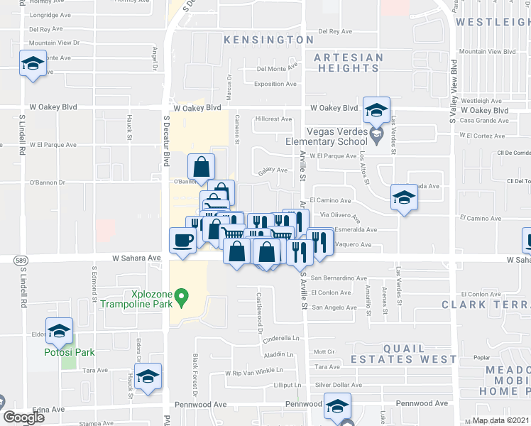 map of restaurants, bars, coffee shops, grocery stores, and more near 4550 West Sahara Avenue in Las Vegas
