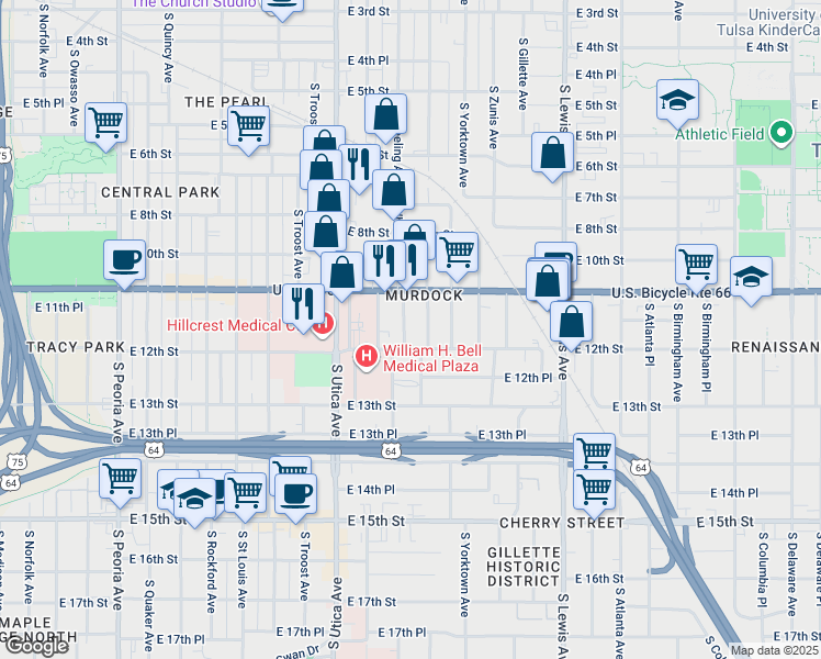 map of restaurants, bars, coffee shops, grocery stores, and more near 1120 South Xanthus Avenue in Tulsa