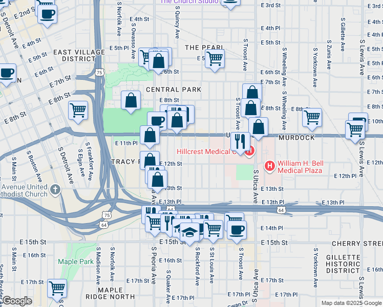 map of restaurants, bars, coffee shops, grocery stores, and more near 1121 South Quincy Avenue in Tulsa