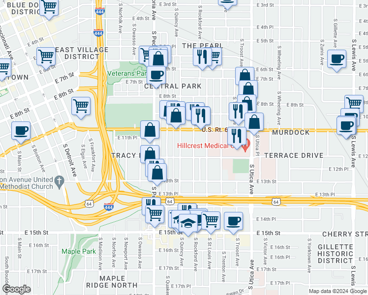 map of restaurants, bars, coffee shops, grocery stores, and more near 1121 South Quincy Avenue in Tulsa