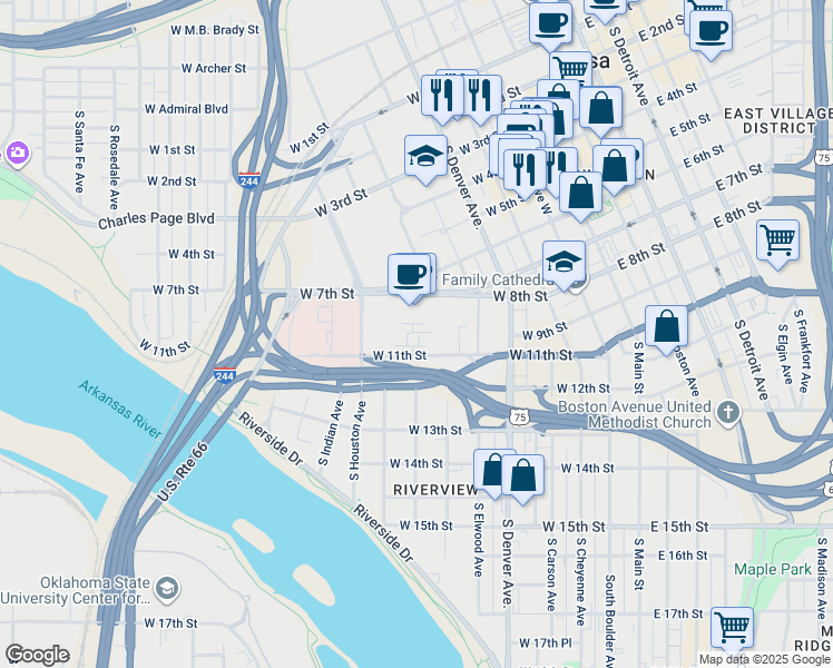 map of restaurants, bars, coffee shops, grocery stores, and more near 616 West 7th Street in Tulsa