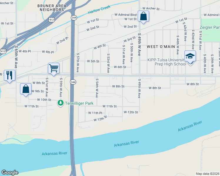 map of restaurants, bars, coffee shops, grocery stores, and more near 5127 West 8th Street in Tulsa