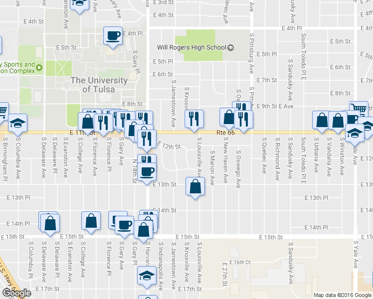 map of restaurants, bars, coffee shops, grocery stores, and more near 3519 East 12th Street in Tulsa