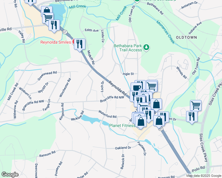 map of restaurants, bars, coffee shops, grocery stores, and more near 2980 Reynolda Road in Winston-Salem