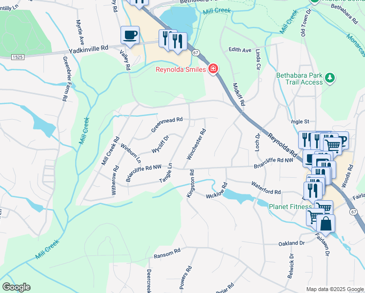 map of restaurants, bars, coffee shops, grocery stores, and more near 4051 Tangle Lane in Winston-Salem