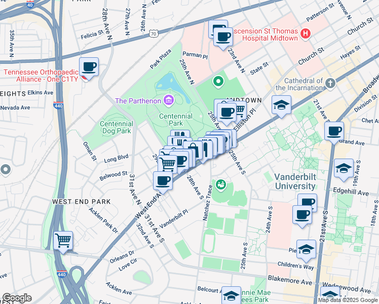 map of restaurants, bars, coffee shops, grocery stores, and more near 2500 West End Avenue in Nashville