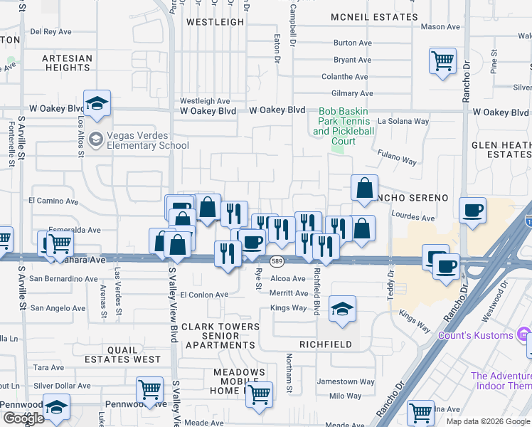 map of restaurants, bars, coffee shops, grocery stores, and more near 2304 Plaza Del Grande in Las Vegas