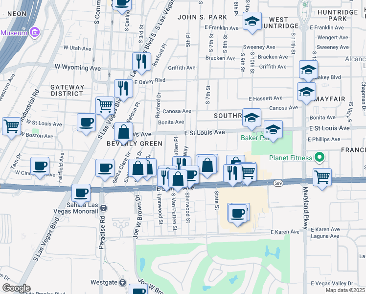 map of restaurants, bars, coffee shops, grocery stores, and more near 2018 South Beverly Way in Las Vegas