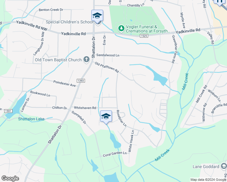 map of restaurants, bars, coffee shops, grocery stores, and more near 4309 Rosebriar Lane in Winston-Salem