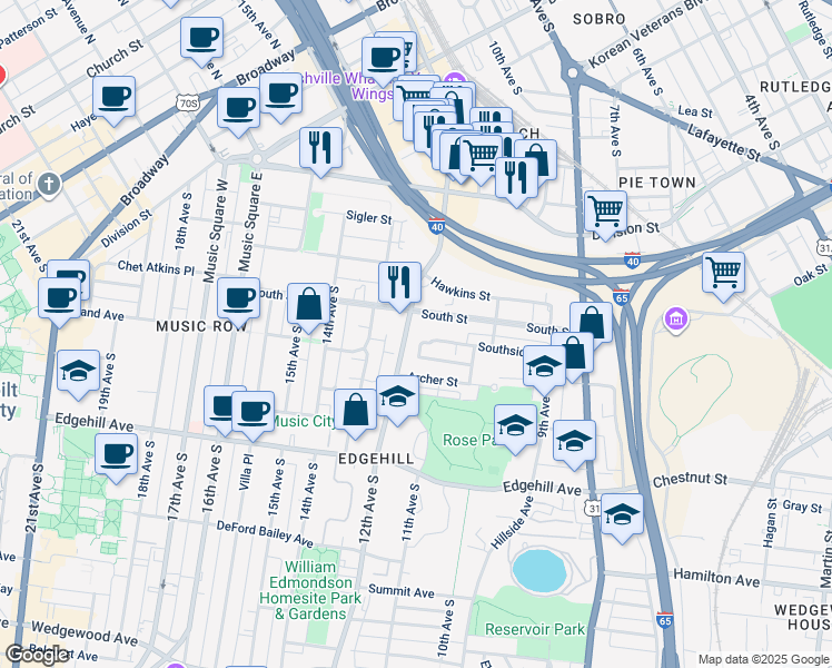 map of restaurants, bars, coffee shops, grocery stores, and more near 1020 Southside Court in Nashville