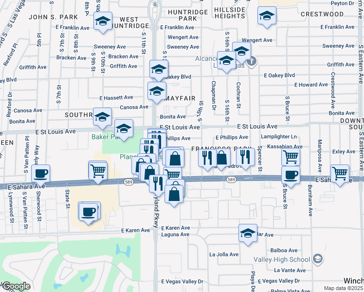 map of restaurants, bars, coffee shops, grocery stores, and more near 1317 Exley Avenue in Las Vegas
