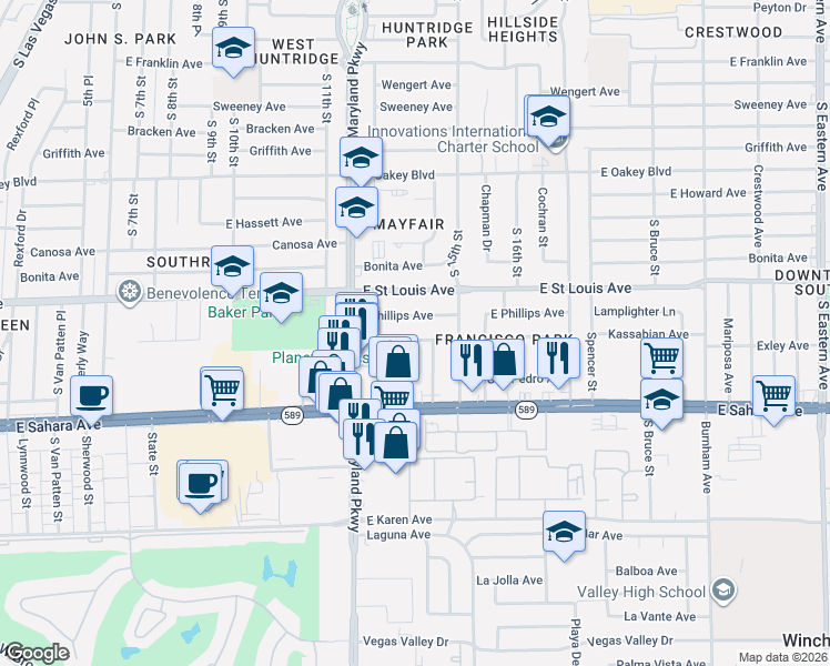 map of restaurants, bars, coffee shops, grocery stores, and more near 1404 East Phillips Avenue in Las Vegas