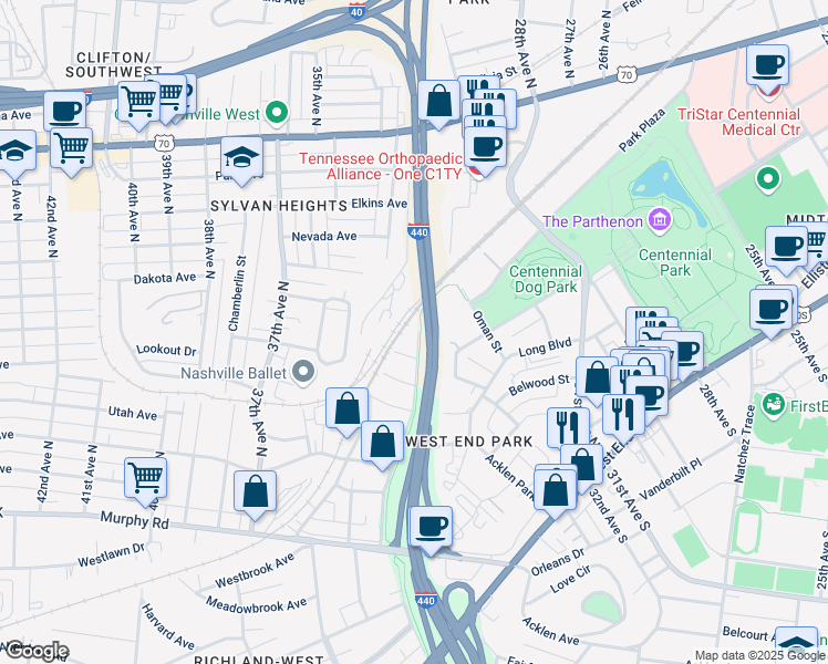 map of restaurants, bars, coffee shops, grocery stores, and more near 733 Park Circle in Nashville