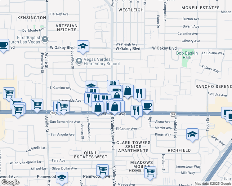 map of restaurants, bars, coffee shops, grocery stores, and more near 2300 South Valley View Boulevard in Las Vegas