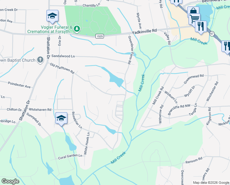 map of restaurants, bars, coffee shops, grocery stores, and more near 3535 Old Pfafftown Road in Winston-Salem