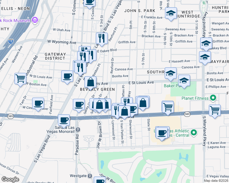 map of restaurants, bars, coffee shops, grocery stores, and more near 2013 Santa Ynez Drive in Las Vegas