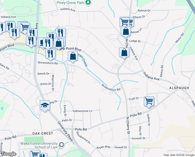 map of restaurants, bars, coffee shops, grocery stores, and more near 4239 Brownsboro Road in Winston-Salem