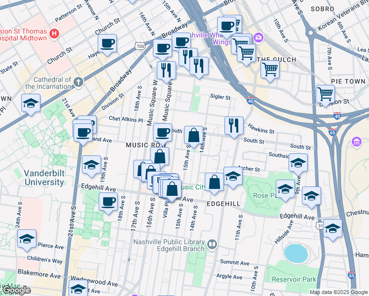 map of restaurants, bars, coffee shops, grocery stores, and more near 912 15th Avenue in Nashville