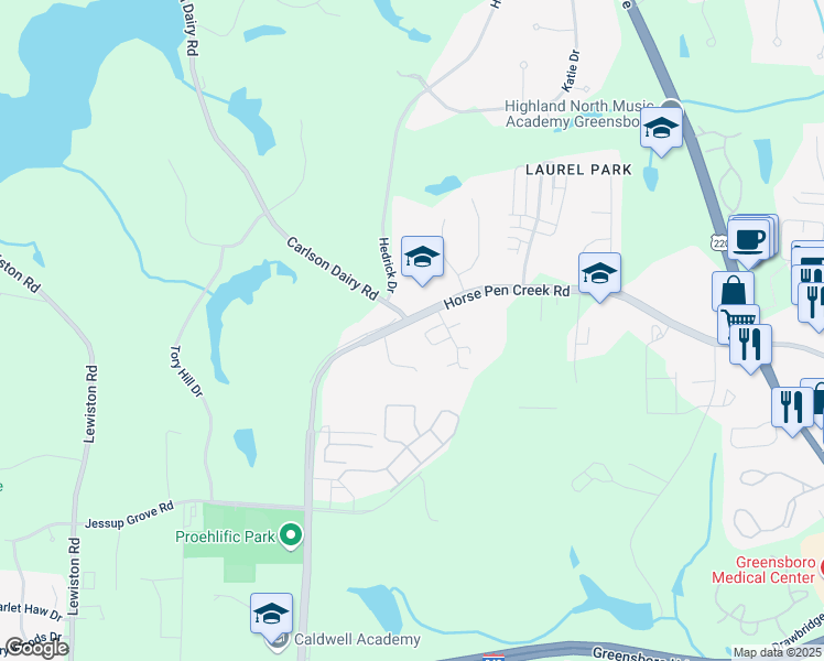 map of restaurants, bars, coffee shops, grocery stores, and more near 3202 Horse Pen Creek Road in Greensboro