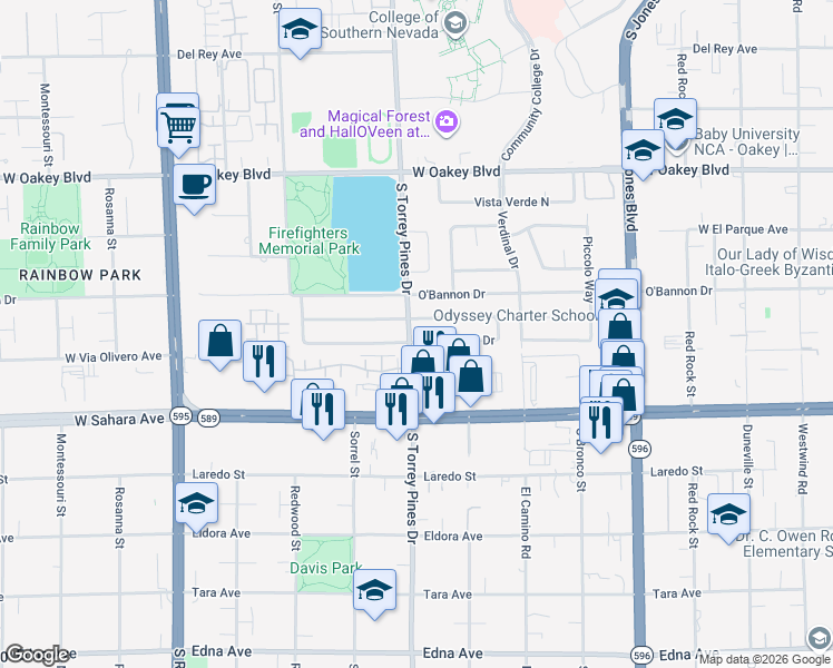 map of restaurants, bars, coffee shops, grocery stores, and more near 6352 Peppermill Drive in Las Vegas