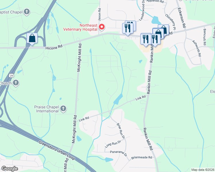 map of restaurants, bars, coffee shops, grocery stores, and more near 5 Bruin Court in Greensboro