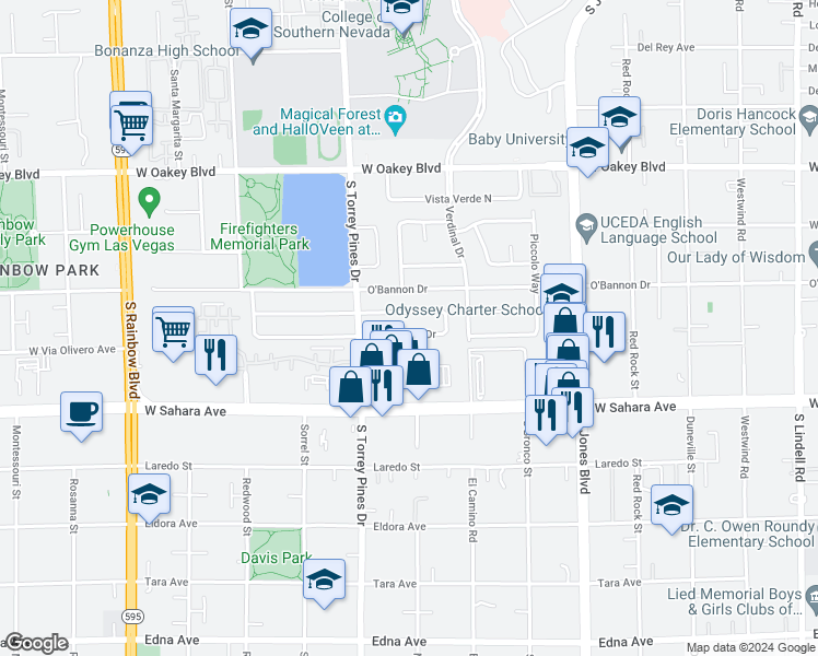 map of restaurants, bars, coffee shops, grocery stores, and more near 6324 Peppermill Drive in Las Vegas
