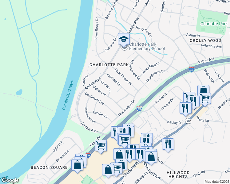 map of restaurants, bars, coffee shops, grocery stores, and more near 409 Starliner Court in Nashville