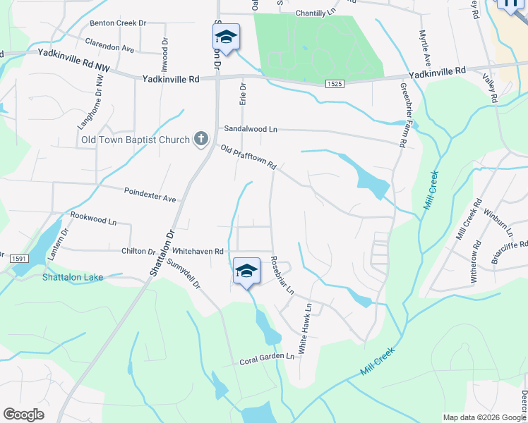 map of restaurants, bars, coffee shops, grocery stores, and more near 4315 Rosebriar Lane in Winston-Salem