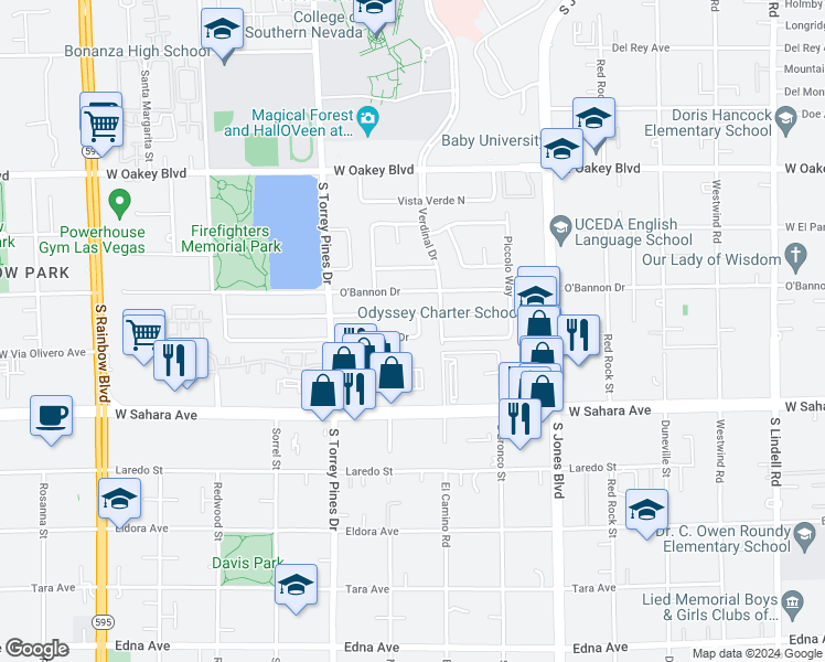 map of restaurants, bars, coffee shops, grocery stores, and more near 6304 Peppermill Drive in Las Vegas