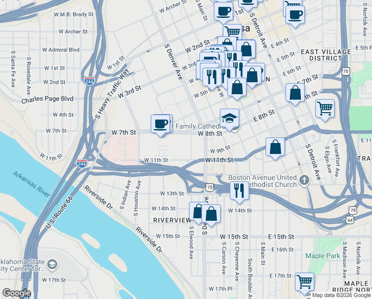 map of restaurants, bars, coffee shops, grocery stores, and more near 410 West 7th Street in Tulsa
