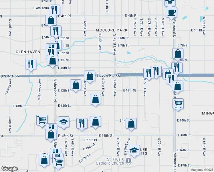 map of restaurants, bars, coffee shops, grocery stores, and more near 1131 South 71st East Avenue in Tulsa