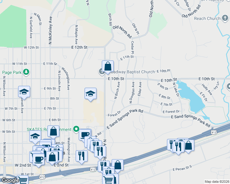 map of restaurants, bars, coffee shops, grocery stores, and more near 808 North Ash Avenue in Sand Springs