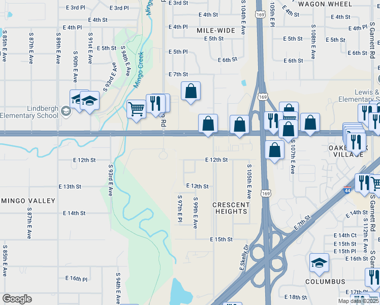 map of restaurants, bars, coffee shops, grocery stores, and more near 9835 East 12th Street in Tulsa